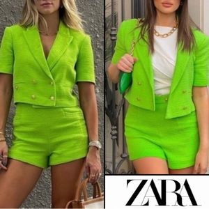 Zara Textured Blazer Short Set Suit Set Crop High Waist Neon Green Gold Buttons